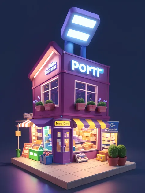 Single-storey store，E-commerce style，Portet，arte 3D，C4D，3Drenderingof，Light traction，claymaterial，pixar trend，Popmart blind box，Animated lights，depth of fields，super detailing，Soft purple，Solid model，Night background，Fine shine，with light glowing，warm ligh...