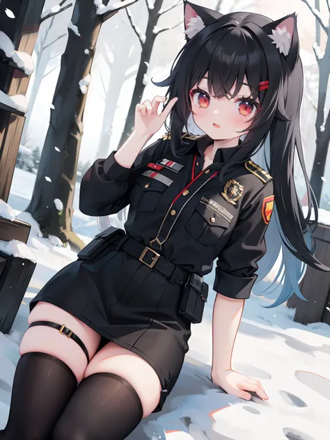 Snowy forest，Black hair，cat ear，Cat girl，Red eyes， Officer uniform，，Germany，Black officer uniform