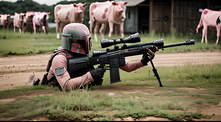 boba fett hunting pink cows, sad, (pink cows), action shot, explosion, sniper rifle