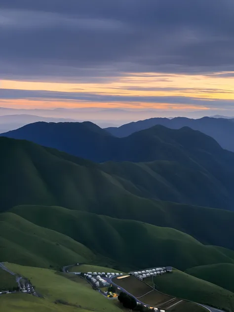 a road in the foreground, a mountain range in the distance with a sunset, dusk scene, hills and mountains, sunset setting, created by Jürg Kreienbühl, mountain range and sunset!!, surrounded by mountains, mountainous environment, scenic sunset, sunrise, cr...