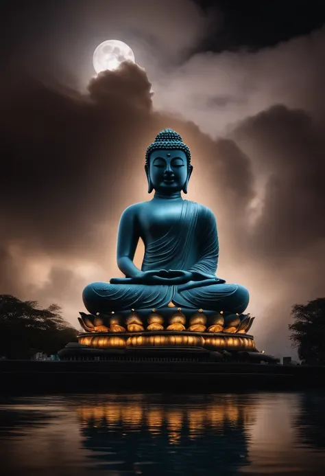 Buddha meditated on a cloud in a cloud" - In the silent night clouds，Create realistic images on a cloud，Capture the Buddhas meditative state, The moonlight casts a soft glow, Render scenes in a beautiful way, Realistic way