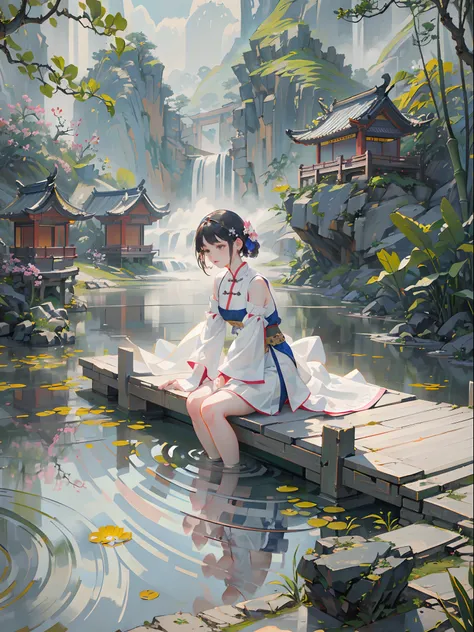 ((Best quality, masterpiece: 1.2)), CG, 8K, intricate details, cinematic perspective, (no one around), (Ancient Chinese garden), pond filled with lotus flowers, rocks, flowers, bamboo forests, waterfalls, wooded areas, small bridges spanning babbling strea...