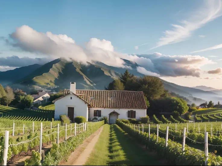 Peaceful white vineyards，Rows of white vines, Stone cottage,White grapes，plateau，mountain ranges，rios，A basket contains white grapes，Low clouds surround the summit