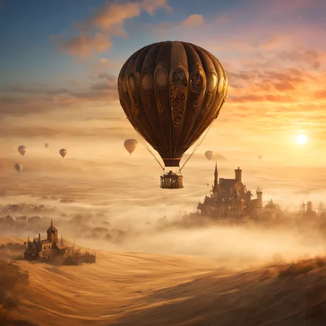 hot air ballonn:1.5, steampunk, in the sky, sunset, steam, fog, smog, sand, wind,