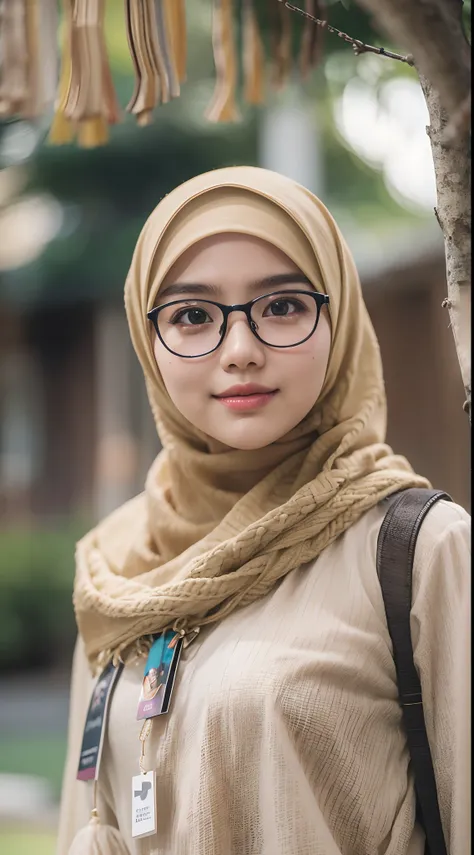 Young Malay girl college student portrait photography taken using canon EOS-1D X Mark III, eyewear, student id tag with lanyard, cowboy shot, garden background, bokeh, white fair skin, bright lighting, beautiful malay girl, curvy body, pastel color shawl s...