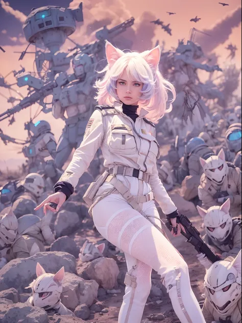 (1980s anime), on a muddy battlefield, beneath an alien sky, a tall catgirl officer with white cat ears and iridescent white hair rallies her troops for the next charge, dynamic pose, masterpiece, absurdes, 4k, dynamic shadows, retro, muted pastel colors