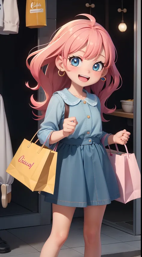 Create an illustration in the cartoon style of a young girl with a big smile on her face. Shes standing outside a colorful and charming clothing store, holding a shopping bag thats filled to the brim with new clothes. The clothes are spilling out of the ba...