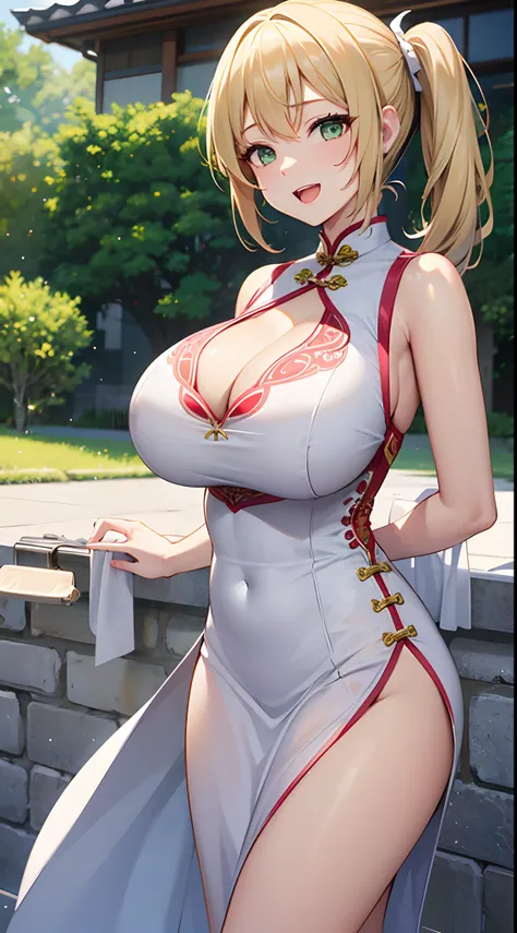 1 girl, game CG, white cheongsam, short cheongsam showing cleavage, gigantic breasts, blonde, middle hair, side ponytail, green eyes, smile, open mouth, breast hold, outside,