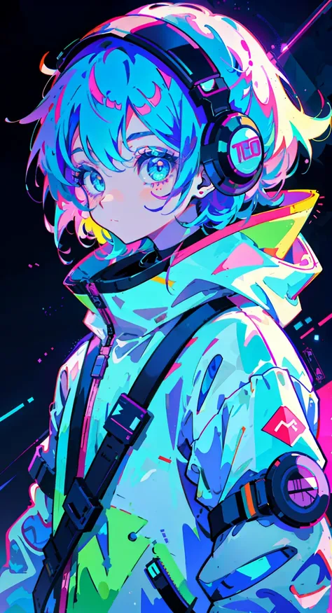 anime girl, wearing an astronaut suit, neon purple and blue colors, wounds, a sticker, neon style throughout the shot