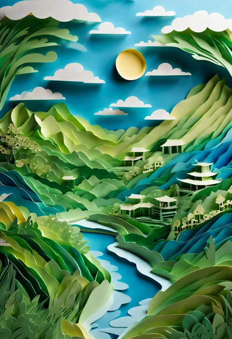 a paper art masterpiece with a stunning landscape of blue skies, white clouds, and lush green mountains and waters. the artwork ...