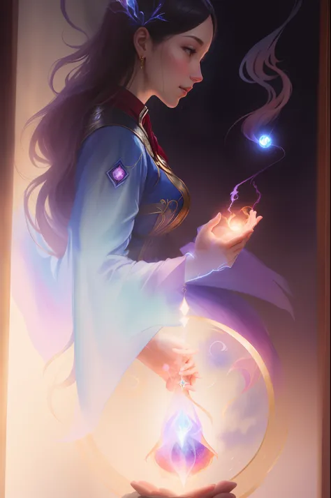 sfw, [fantasy], watercolor illustration, Full Shot, of pretty Eurasian moon princess, holding arcane orb, in astral plane, (fully clothed:1.2), toned physique, perfect large round breasts, toned medium ass, perfect hands and limbs, (detailed skin, diffused...