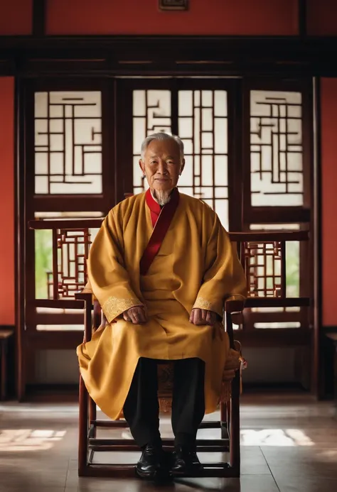 A old man，Plain wear a Chinese coat，The frontal one sits on a chair，In the study，The background is a traditional Chinese painting，Slight smile，kind，Close-up shot，Face the mirror，