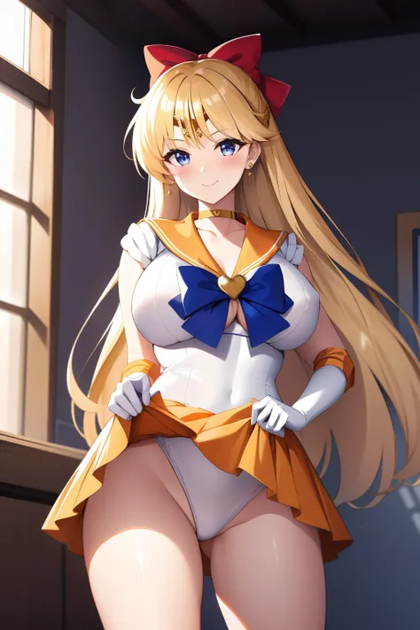 Sailor Senshi Uniform, Anime Aunt, A MILF, skirt, aino minako, solo, bow, white glove, sailorvenus, Blonde woman with very long hair, elbowgloves, Red ribbon on head, Orange sailor collar, Golden sailor collar, back_bow, Orange choker, Golden Choker, jewel...