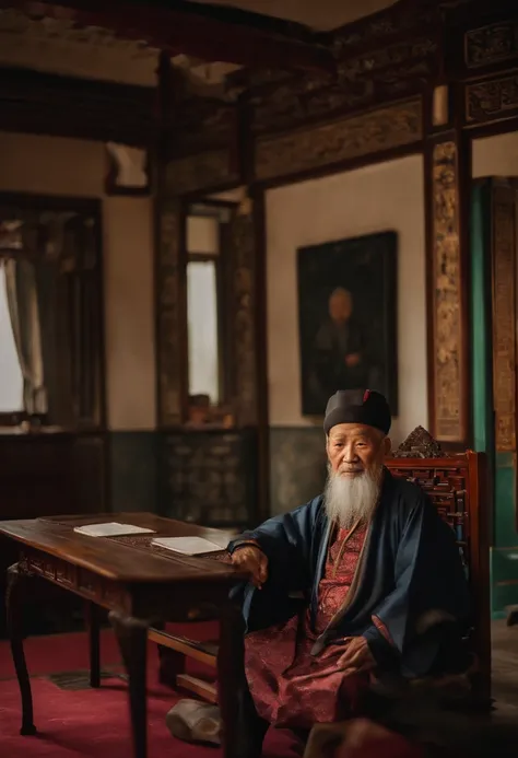 A old man，Plainly dressed，The frontal one sits on a chair，In the study，The background is a traditional Chinese painting，Slight smile，kind，Close-up shot，Face the mirror，