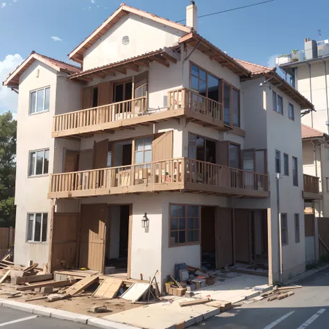 Criar uma imagem de uma casa, Half of the house under construction and the other half finished