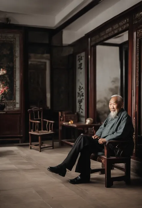 Chinese old man，Worn in black，The frontal one sits on a chair，In the study，The background is a traditional Chinese painting，Slight smile，kind，Close-up shot，Face the mirror，