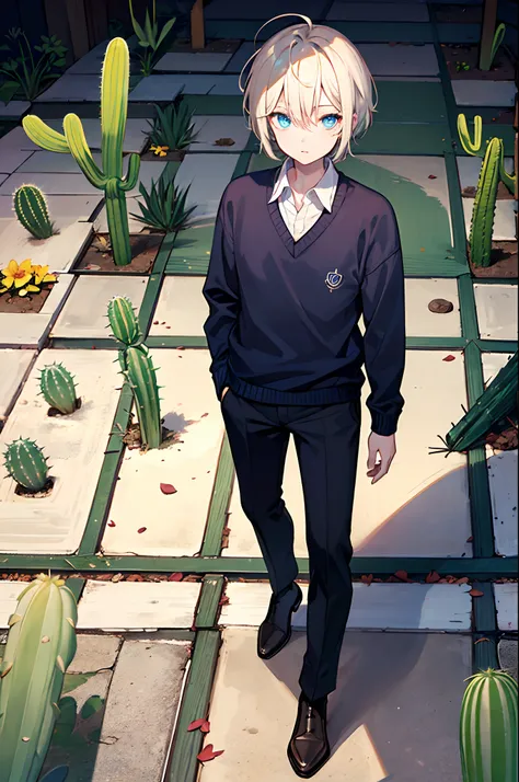 male people 　１ember　Dark blue short hair　blue eyess　Sweaters　Brown Slacks　long boots　There are a lot of cacti on the floor　Lunette de soleil　​masterpiece　Top image quality　Clear Parts Cinematic Shadows　Increased attractiveness of the eyes　Clear the shine o...