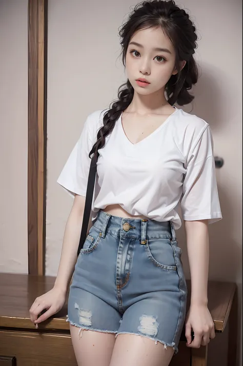 (Masterpiece, Superb work,4K 分辨率, Ultra-realistic:1.3),Girl posing for photo in white bra and tight denim skirt，(A half body:1.2)，tee shirt，brassier，Slim body，(medium chest circumference)，Slim girl model，24 years old female model，(Have by the sea:1.3)，Soft...