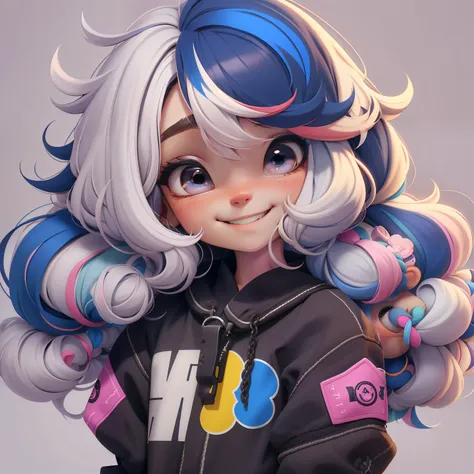 Loli girl, cabelo multicolorido estilo de cabelo, multicolorido, sorriso e olhos delicados, moletom, fundo simples, Melhor Qualidade