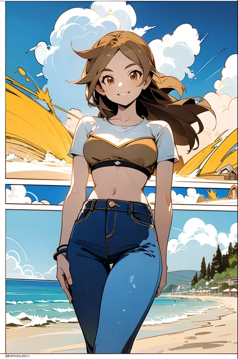 1girl, light brown hair, smile, walking, crop top, denim shorts, vibrant colors, beach, beautiful scenery, clouds, sunny, masterpiece, Detailed scenery, Enhanced detail, Exceptional, comic_layout