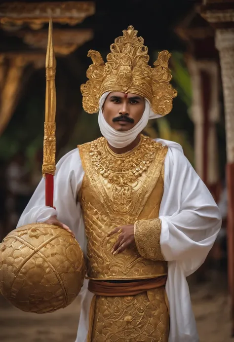 An adult footballer in a costume with a ball and a mask stading in front of goal,  in style of Lakhon Khol, Lakhon Khol costume, Khmer costume, intricate white and gold armor, ornate white and gold armor, high-quality theater costume, picture of an adult m...