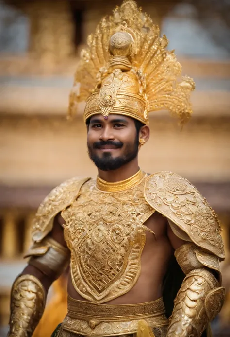 An adult footballer in a costume with a ball and a mask stading in front of goal,  in style of Lakhon Khol, Lakhon Khol costume, Khmer costume, intricate white and gold armor, ornate white and gold armor, high-quality theater costume, picture of an adult m...