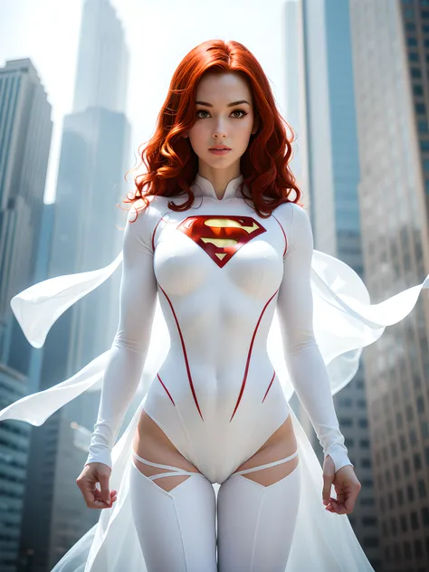 A 25-year-old girl with red hair in an elaborate white long-sleeved Superman costume, covering the whole body, white capelet, White Superman Costume, Suit with white carbon fiber details, flying in the sky, thigh gap, (Posing on the display:1.2), (intricat...