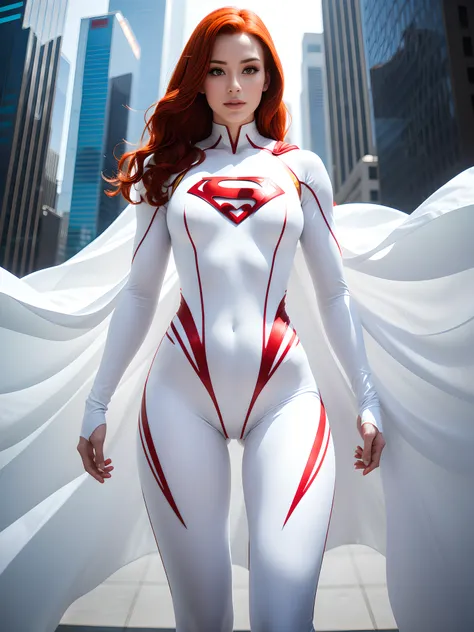 A 25-year-old girl with red hair in an elaborate white long-sleeved Superman costume, covering the whole body, white capelet, White Superman Costume, Suit with white carbon fiber details, flying in the sky, thigh gap, (Posing on the display:1.2), (intricat...