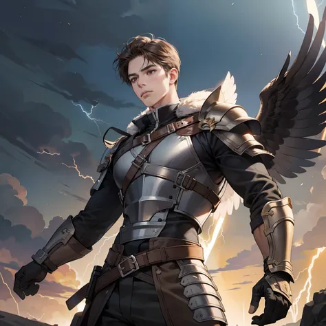 Masterpiece, high quality, best quality, HD, realistic, perfect lighting, detailed body, 1 man, brown hair, facial expression, hawk armor, lightning background