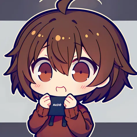 boy with、Chibi、((La mejor calidad, Alto_resolution, distinto_Imagen)),(cabello negro),(Ahoge), (Cabello absurdamente corto), (cabello ondulado), (brown eyes),(red Sweater) (innocent face)