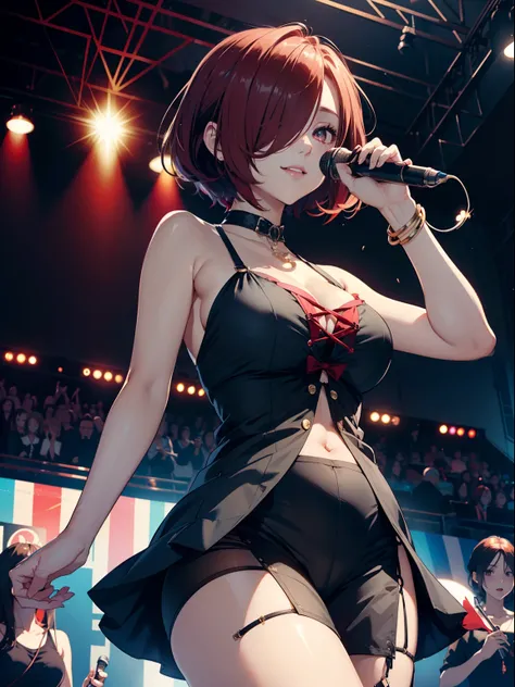 idol, 1girl, ((mature)), big breasts, adult woman, masterpiece, absurd, delicate colors, illustration, bright colors, beautiful, red eye, red hair, ((hair over right eye)), lolita dress, short hair, smile, singing at a concert