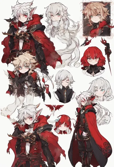 full body, the side view and the back view, namely the front view, three views, demon boy prince, maplestory character sheet, demon boy, with red skin and white hair messy curly, Red elf w/ Black Piercings, Bleach Monster Tail, Horror monster form.demon bo...