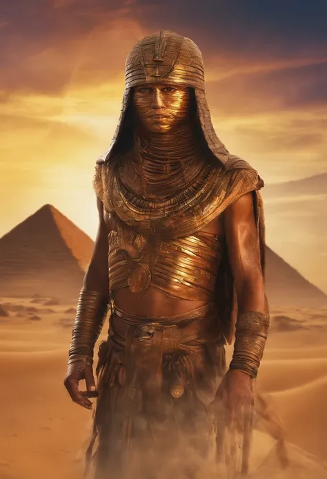 Showcase a portrait of an Egyptian mummy, dressed like Indiana Jones, to be used as a thumbnail and profile picture. It should be fun and adventurous with a hint of horror. 8k