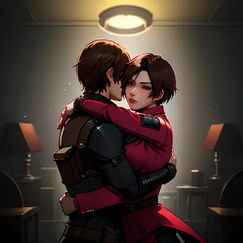 leon s. kennedy and ada wong from the movie "resident evil 4", hugging, volumetric lighting, depth of field, elaborate faces