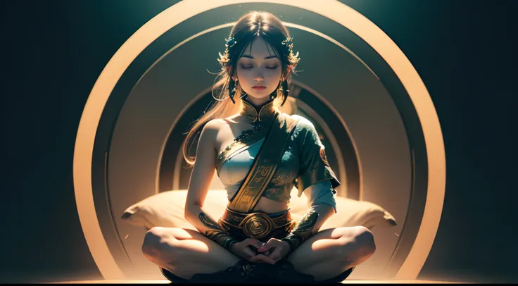 (extremely detailed CG unity 8k wallpaper, floating, high saturation), a masterpiece of uma imagem, best quality, ultra-detailed, an extremely delicate and beautiful, a silhouette of uma pessoa sitting in a lotus position, meditating, with a visual emphasi...