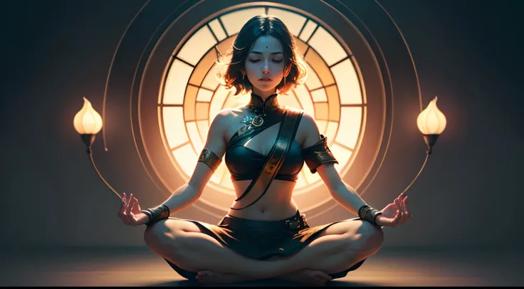 (extremely detailed CG unity 8k wallpaper, floating, high saturation), a masterpiece of uma imagem, best quality, ultra-detailed, an extremely delicate and beautiful, a silhouette of uma pessoa sitting in a lotus position, meditating, with a visual emphasi...