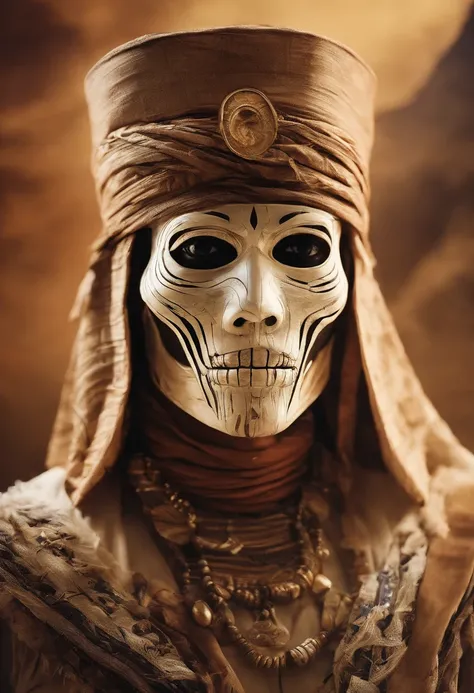 Showcase a portrait of an Egyptian mummy with white bandages over the face, dressed like Indiana Jones with his fedora, to be used as a thumbnail and profile picture. It should be fun and adventurous with a hint of horror. 8k