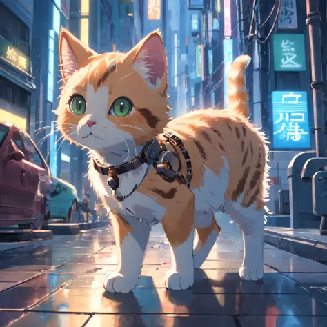 a cute kitten made out of metal, cyborg, cyberpunk style, ((intricate details)), hdr, ((intricate details, hyperdetailed)), cinematic shot, vignette