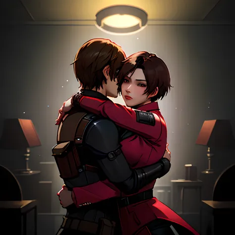 leon s. kennedy and ada wong from the movie "resident evil 4", hugging, volumetric lighting, depth of field, elaborate faces