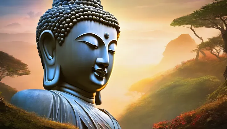 BUDDHA STATUE, stone, Texture, Tall, Majestic, The background is illuminated by sunlight，inverted image，Lateral face