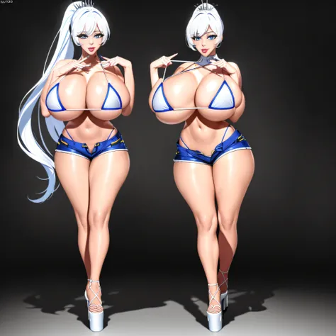 Weiss schnee, 
(platform_heels:1.5), posing, (shorts:1.5), (bikini_top:1.5), standing,  
White hair, blue eyes, Very Long Hair, ponytail, 
1girl,Beautiful Finger,Beautiful long legs,Beautiful body,Beautiful Nose,Beautiful character design, perfect eyes, pe...