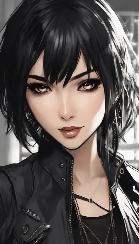 A manga-style drawing of a Japanese anime girl with jet-black hair, reminiscent of the works of Ai Yazawa. She has a rebellious expression on her face, with a hint of mischief in her eyes. She is dressed in a trendy, edgy outfit with punk-inspired accessor...