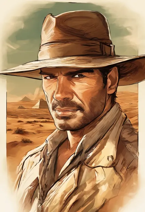 Showcase a portrait of a man, dressed like Indiana Jones with his fedora, to be used as a thumbnail and profile picture, the man is standing in front of the Egyptian pyramids in the hot desert sun, but facing us so we can see his rugged, handsome face. It ...