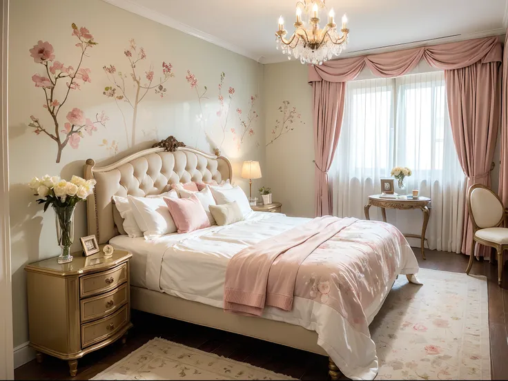 (best quality,ultra-detailed,realistic:1.37),victorian romantic,bedroom turned into a dreamy garden,exquisite wallpaper adorned ...