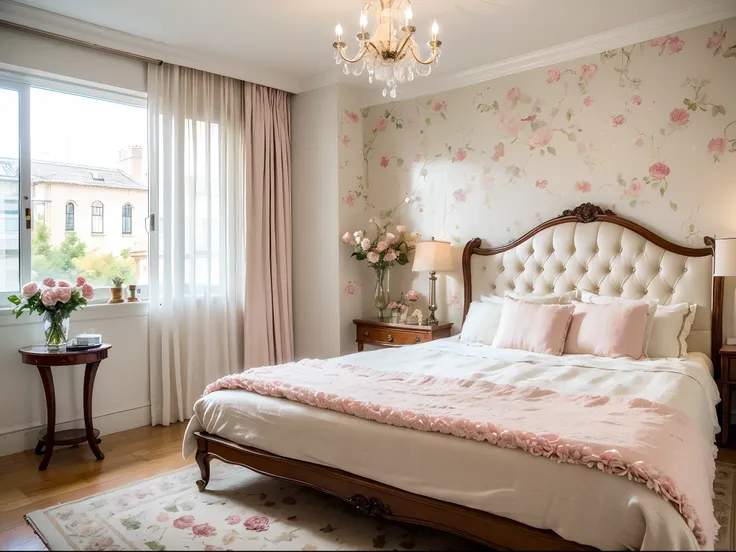 (best quality,ultra-detailed,realistic:1.37),victorian romantic,bedroom turned into a dreamy garden,exquisite wallpaper adorned ...