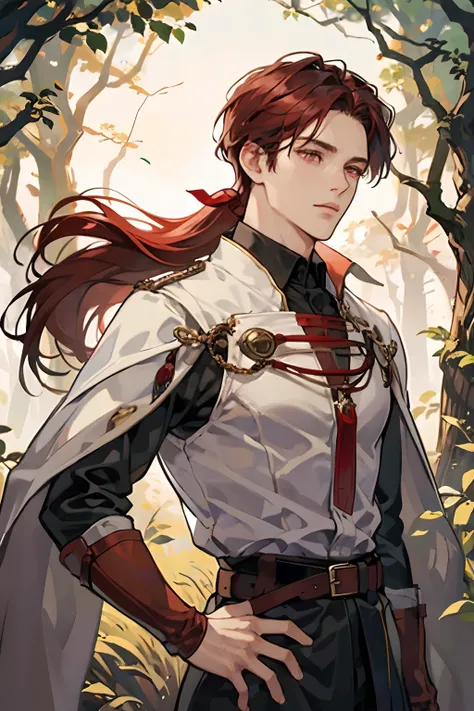 1male, adult face, handsome, a hunter, plain, an archer, medieval times, in a forest, serious expression, dark red hair with low ponytail, detailed eyes