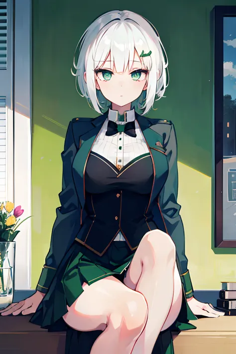 Best quality, 1girl, short hair, white hair, green eyes, green blazer, black skirt, detailed background, looking at viewer, hair ornaments, indoors