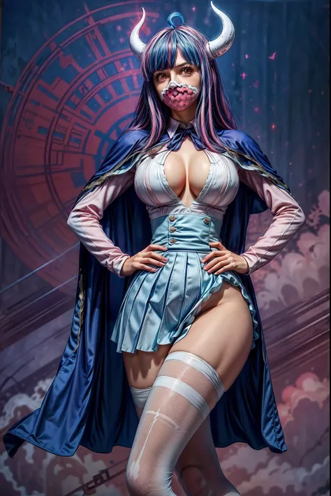 1girl, breasts, horns, red background, solo, hand on hip, rating:safe, mask, skirt, blue hair, long hair, pink mouth mask, white shirt, pantyhose, multicolored hair, cleavage, high-waist skirt, blue skirt, large breasts, bangs, two-tone hair, capelet, long...