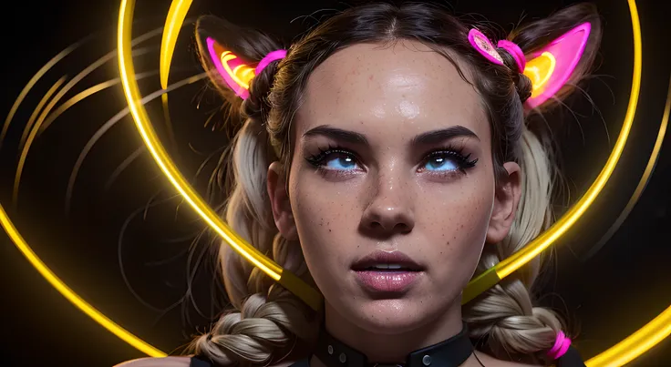 beautiful girl, cumwalk, facial, freckles, neon background, braids, braid-tails, synthwave, arcane style, extremely detailed cg ...