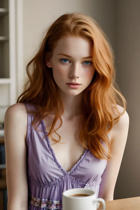 1girl in, age19, Solo, Aesthetic artwork, irish  redhead, wavy ginger hair, shoulder length ginger hair, gray eyes, light grey eyes, some small freckles, pale skin, A-cup, small breasts, runners body, (textured skin, skin pores:1.1), (moles:0.8), imperfect...